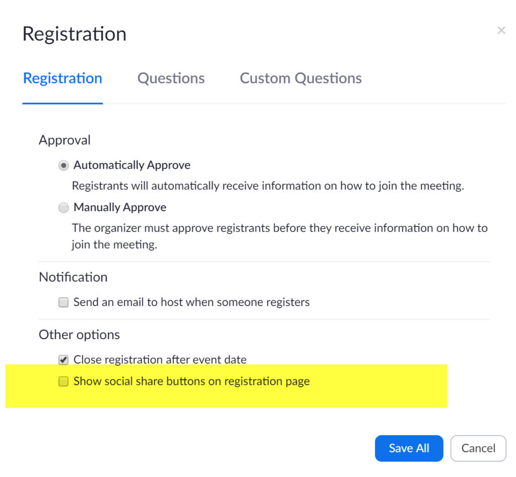 Remove Social Share Icons/Buttons From Zoom Registration Pages